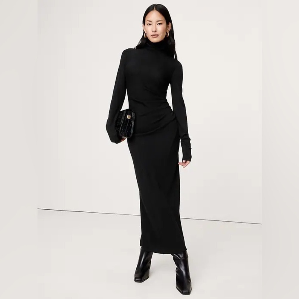NWT! Banana Republic Black Wool-Blend Jersey Ruched Maxi Dress 817985 🌅3️⃣